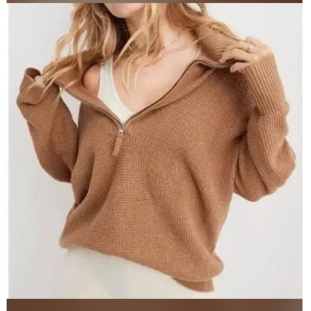 Aerie Womens Tan Waffle Knit Oversized‎ Button Collar Sweater S Camel Pullover